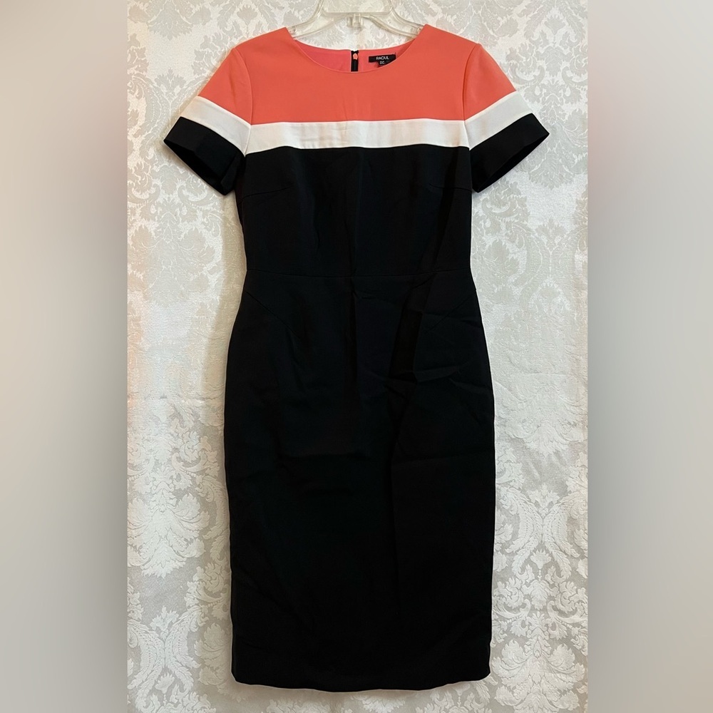 Raoul Coral Black White Colorblock Midi Shift Dress Size 6 GUC Rear Zip Lined
